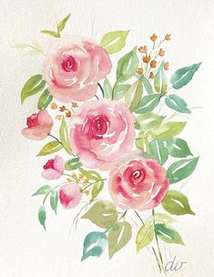 watercolor painting of pink roses with green leaves