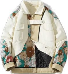 Fall Outerwear With Floral Embroidery, Beige Cotton Outerwear With Floral Embroidery, Cream Long Sleeve Outerwear With Floral Embroidery, Cream Cotton Outerwear With Patchwork, Cream Patchwork Cotton Outerwear, Embroidered Lapel Collar Outerwear For Fall, Embroidered Collared Outerwear For Winter, Beige Patchwork Button-up Outerwear, Casual Outerwear With Floral Embroidery And Stand Collar