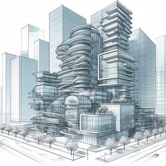 an architectural drawing of a building in the middle of a city with trees and buildings around it