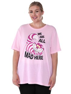 PRICES MAY VARY. Disney t-shirt with Cheshire Cat from Alice in Wonderland - officially licensed Soft, thin, lightweight fabric Short sleeve, crew neck, no print on back Underarm to underarm (laid flat): 1X=25", 2X=27", 3X=29", 4X=31" & 5X=33" Length from top point of shirt to bottom hem: 1X=29", 2X=30", 3X=31", 4X=32" & 5X=33" Disney Women's plus size t-shirt with Cheshire Cat from Alice in Wonderland - officially licensed. Text reads, "We are all mad here." The fabric is thin/lightweight and i We Are All Mad Here, Cat Alice In Wonderland, Cheshire Cat Alice In Wonderland, Alice In Wonderland Print, Disney T, Plus Size T Shirt, Cheshire Cat, Disney Tshirts, Disney Ladies