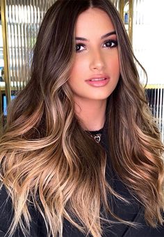 1. Chocolate brown hair with bright blonde caramel Looking a new hair color idea for chocolate brown hair? Take a look at this stunning... Face Framers, Dark Chocolate Hair Color, Dark Brown Hair With Blonde Highlights, Caramel Blonde Hair, Honey Highlights, Tan Skin Blonde Hair, White Hair Color