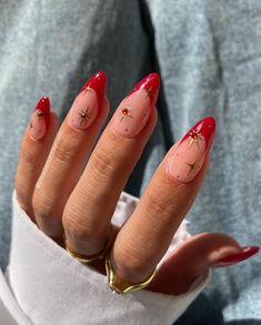 Red Era Nails, Short Almond Nails, Gold Nail, Her Nails, Red Nail Designs, Star Nails, Festival Nails