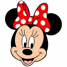 minnie mouse face with red and white polka dots on it's head, smiling