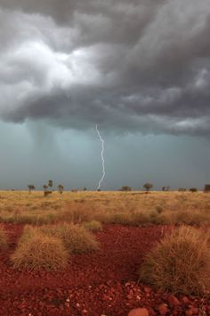 a lightning bolt is seen in the distance on a cloudy day over an open plain