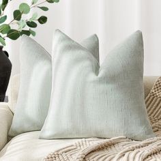 two pillows sitting on top of a couch next to a vase with a plant in it