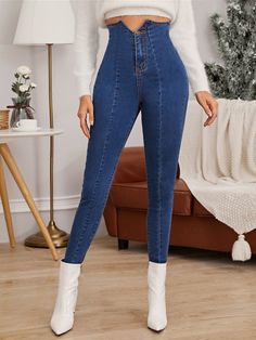 Navy Blue    Denim Plain Skinny Embellished High Stretch  Women Denim Denim Jeans Outfit, High Waist Jeggings, Chic Jeans, Denim Jeans Fashion, Moda Jeans, Denim Pants Women, Denim Chic, Outfit Jeans, Shorts Jeans