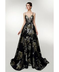 Buy Beautiful Floral Printed Black Evening Gown With Spaghetti Straps at affordable price online. Free shipping and pro custom service since 2009. Prom Dress For Teens, Dress For Teens, Printed Prom Dresses, Black Evening Gown, A Line Prom Dress, Floral Prom Dresses, A Line Evening Dress, Spaghetti Strap Prom Dress, Black Spaghetti