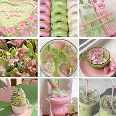 there are many different pictures with pink and green food