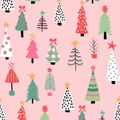 christmas trees on pink background with stars and bows in different colors, sizes and shapes