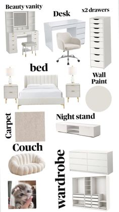 a white bedroom with furniture and accessories labeled in black text on the bottom right corner