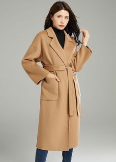 "This elegant brown coat features a classic wrap, belted waist and full length sleeves. The perfect drape for a relaxed style that's easy to style. ★★ FEATURES More color: https://etsy.me/3wsq0Kk 50% wool, 50% fiber, nylon Two side pockets Belt closure Lapel collar Long sleeve Side split Belted wool coat Long wool coat Casual wool coat Perfect for winter, autumn Dry clean ★★Mode size Height 170cm (5′ 7″) Bust 84 cm (33\") Waist 66 cm (26\") She wears size XS. ★★ Custom order selection, Will char Brown Wool Coat With Lapel Collar For Spring, Belted Brown Outerwear For Business, Brown Double-breasted Outerwear With Belted Cuffs, Elegant Brown Belted Wool Coat, Brown Belted Cuffs Office Outerwear, Long Sleeve Wool Coat With Belted Cuffs, Solid Wool Coat With Belted Cuffs, Wool Coat With Belted Cuffs, Long Brown Wool Coat For Office