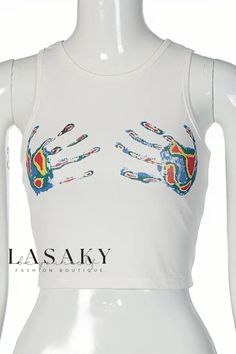 Lasaky - Sleeveless Hand-Printed Round Neck T-Shirt - Stylish and Comfortable Casual Wear with a Modest Midriff-Baring Design Sleeveless Multicolor Graphic Print T-shirt, Stretch Sleeveless T-shirt With Graphic Print, Fitted Racerback T-shirt For Summer, Fitted Tank T-shirt For Summer, Summer Stretch Vest With Graphic Print, Graphic Print Stretch Tank Top, Fitted Sleeveless Tops With Graphic Print, White Stretch Sleeveless T-shirt, White Crew Neck Vest Top