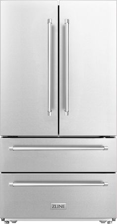 a stainless steel double door refrigerator freezer