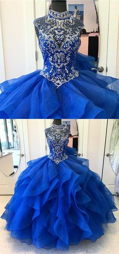 High Neck Crystal Beaded Bodice Corset Organza Layered Quinceanera Dresses Royal Blue Ball Gowns