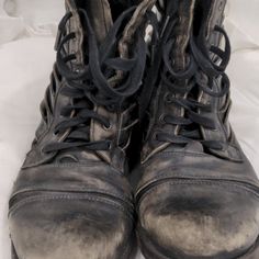 Used But I Like To Say 'Worn In' Gray Lace-up Boots With Reinforced Toe, Gray Lace-up Boots With Vibram Sole, Gray Leather Boots For Streetwear, Gray Leather Sneakers With Reinforced Toe, Gray High-top Boots With Vibram Sole, Gray Low-top Boots With Vibram Sole, Black Gray, Men's Shoes, Black And Grey