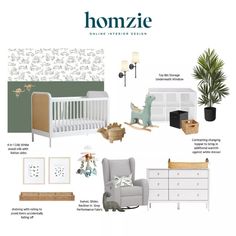 a baby's nursery room with furniture and decor