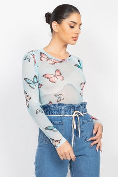 Mint Butterfly, Mesh Design, Butterfly Print, Print Top, Style Board, Dusty Blue, Print Tops, Long Sleeve Top, Round Neckline