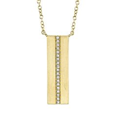 14KT Gold .06 CTW Round Brilliant Diamond Satin Vertical Bar Necklace. 18" Cable Chain. Gold Diamond Necklace With Rectangular Pendant Accents, Anniversary Necklace With Diamond Accents And Rectangular Pendant, Anniversary Necklace With Rectangular Diamond Pendant, Classic Necklace With Diamond Accents And Rectangular Pendant, Classic Rectangular Necklace With Diamond Accents, Formal Necklace With Rectangular Pendant And Adjustable Chain, Formal Necklace With Adjustable Chain And Rectangular Pendant, Classic Rectangular Diamond Accented Necklace, Gold Diamond Accent Rectangular Necklace