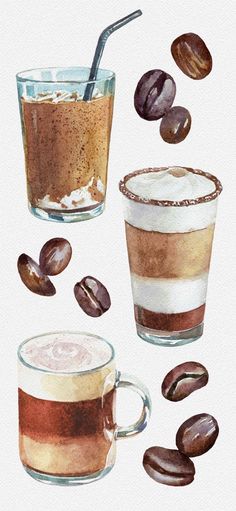 watercolor painting of coffee and beans