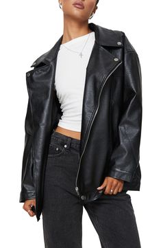 An oversized silhouette paired with a faux-leather fabrication updates a classic biker jacket for today's cool kids. Front zip closure Notched lapels Snap cuffs Front welt pockets Lined Cotton/polyester with polyurethane coating Spot clean Imported Black Leather Jacket Princess Polly, Over Size Black Leather Jacket, Cropped Faux Leather Jacket, Cropped Moto Jacket, Leather Jacket With Hood, Faux Leather Biker Jacket, Aviator Jackets, Moto Style, Leather Biker Jacket