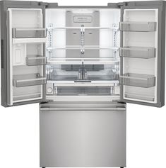 an open refrigerator with its doors wide open and no ice maker on the bottom shelf