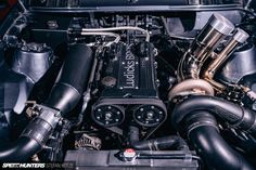 the engine compartment of a sports car