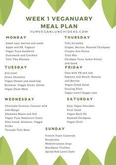 a menu with green leaves on it and the words, week 1 vegetarian meal plan