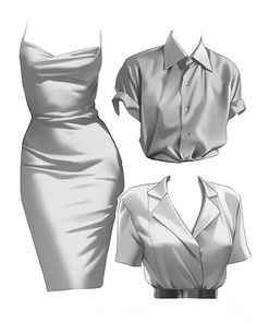 three different styles of women's dress and shirt on mannequin dummys