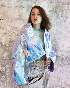 "▲▲Happy Shopping  Jacket features iridescent holo fabric material , Would be perfect for an party  costume or everyday wear. Unisex   For this one is oversize style , if you need still can made to order Unisex !! Chest: 142cm /  56\" Length:51cm/  Sleeve length:61CM /24\" Shoulder:61cm/ 24\" Waist :132cm/ 52\" Arm: 63.5cm/ 25\" Different light have different effect , have fun and charm everywhere. For made to order ,  please mention your size when you pay an order. Size we need : Waist , shoulder , Chest , sleeve length, arm circumference (Please contact us , if you have any problems ) More photos please check instagram: @molamola_official -------------------------------------" Holographic Jacket, Holographic Fashion, Holographic Fabric, Ladies Short Jackets, Camo Fashion, Oversize Fashion, Over Size, Fashion Tips For Women, Shell Jacket