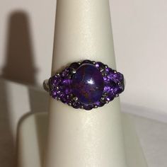 Mojave Purple Turquoise ( Oval Cabochon 2.80 Carats) & African Amethyst In Platinum Over Sterling Silver 3.28 Ctw. Beautifully Finished Under-Gallery Jewelry Purple, Purple Turquoise, 7 Rings, Marc Fisher, Oval Cabochon, Amethyst Ring, Womens Jewelry Rings, Color Purple, Platinum