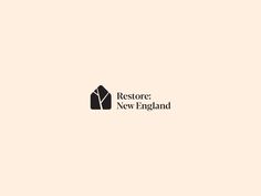 the restore new england logo is shown in black on a light pink background with an image of a barn