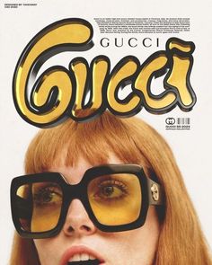 a woman with glasses on top of her head and the words gucci in front of her face