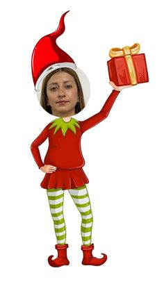 the elf is holding a present in her hand