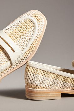 Slip-on Loafers With Woven Sole And Flat Heel, Leather Slip-ons With Woven Sole For Spring, Cream Flat Heel Loafers For Summer, Beige Woven Leather Flats, Cream Summer Loafers With Flat Heel, Summer Cream Loafers With Flat Heel, Summer Cream Loafers, Spring Woven Leather Flats With Round Toe, Summer Leather Loafers With Textured Sole