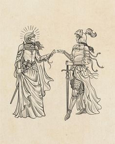 two medieval knights standing next to each other