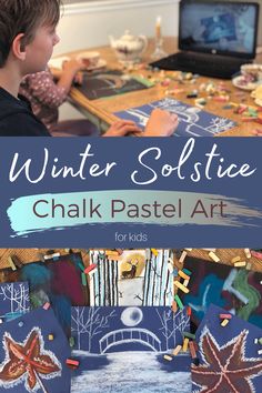 a young boy sitting at a table working on his art project with the title winter solstice chalk pastel art for kids