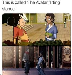 an image of two cartoon characters with caption that reads, this is called the avatar fitting stance