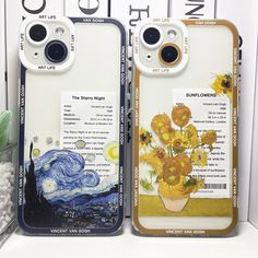 two cell phones with the same phone case on them, one has sunflowers in a vase