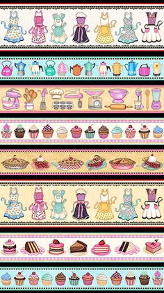 a colorful striped wallpaper with cupcakes and cakes on it