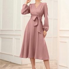 100% Polyester, Color: Dusty Pink Pink Wrap Dress Winter, Belted Wrap Dress, Dress Weights, Semi Formal Dress, Dress Women Elegant, Bubble Sleeve, Spring Summer Dress, Women Long Dresses, Types Of Skirts