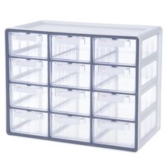 the drawers are clear and have many compartments for each drawer to hold various items,