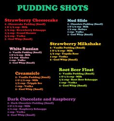 a menu for pudding shots with different ingredients