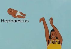 a woman holding a baby up in the air with her arms above her head and words that read hephaestus here