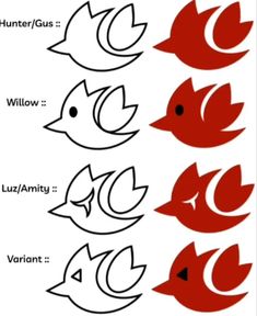 four different types of birds with red and black colors, each one has the letter c in