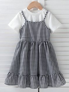 Young Girl Black & White Plaided Spaghetti Strap Dress, 2024 Summer New Arrival, Elegant, Fashionable, Comfortable, Simple And Classic Black and White Cute  Sleeveless Woven Fabric Geometric,Gingham,Houndstooth,Random Print A Line,Cami Non-Stretch  Young Girls Clothing, size features are:Bust: ,Length: ,Sleeve Length: Check Tops, Dress 2024, Spaghetti Strap Dress, Strap Dress, Spaghetti Strap Dresses, Girls Clothing, New Arrival, Classic Black, Woven Fabric