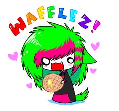 a drawing of a girl with pink hair and green hair holding a piece of bread