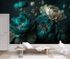 a living room scene with focus on the wall and large flower mural in the background