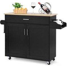 a black kitchen cart with wine bottle and glasses on top