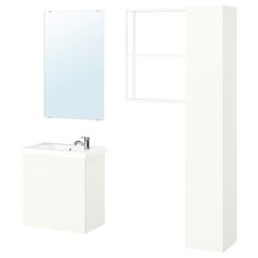 a white sink and mirror next to each other on a white wall with no one in it