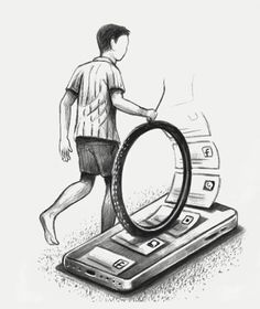 a drawing of a man walking on a scale with a magnifying glass in front of him